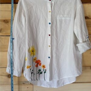 Floral Button-Up linen Shirt with Colorful Accents